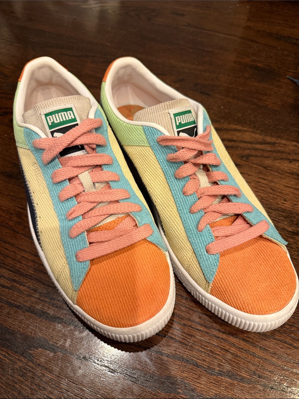 Puma Color Block Corduroy Low-Tops in Yellow, Aqua & Pink